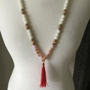 Tassel Necklace Coral Ivory Pink Faceted Beads Long Boho Adjustable Goldtone